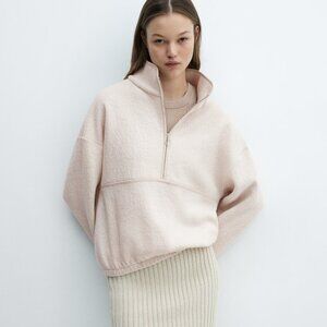 Mango Zip-neck wool sweatshirt size Large color Sand Cream